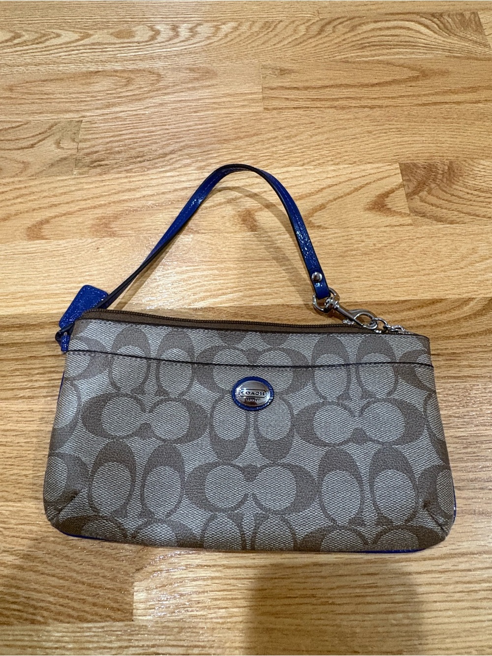 Coach Signature Canvas Wristlet with Blue Strap